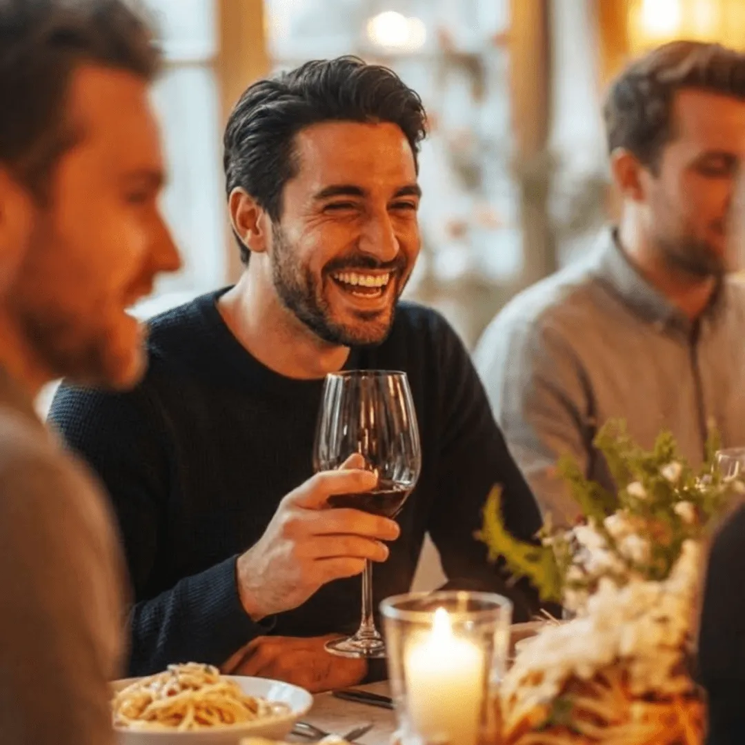 Guys laughing over wine at a Mingleo dinner